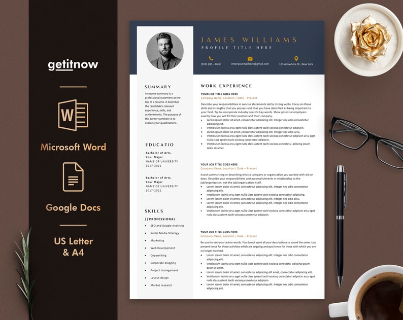 May include: A black and white resume template with gold accents. The resume is for James Williams, and includes a summary, work experience, education, and skills sections.