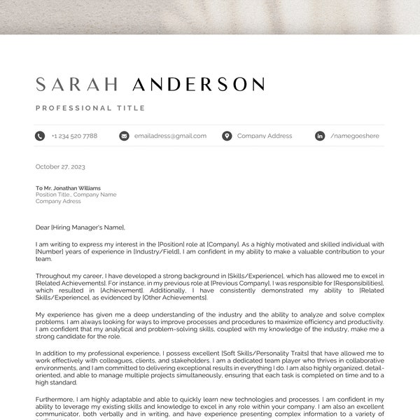 Cover Letter Template for Microsoft Word & Apple Pages, Sample Letter, Motivation Letter, Job Application, Cover Page Template