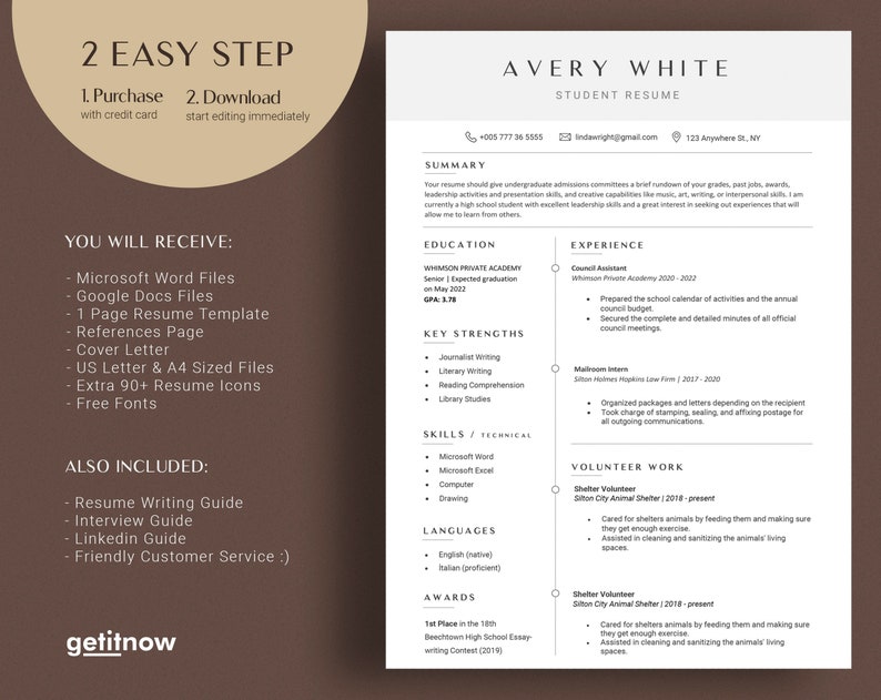 May include: A student resume template with a brown background. The template includes sections for a summary, education, experience, key strengths, skills, languages, awards, and volunteer work. The template is designed to help students create a professional resume that will stand out to potential employers.