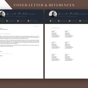 May include: A black and white cover letter and references page with a gold border. The cover letter is addressed to Mr. Johnson and is signed by Sarah Patterson, Project Manager. The references page lists three references with their contact information.