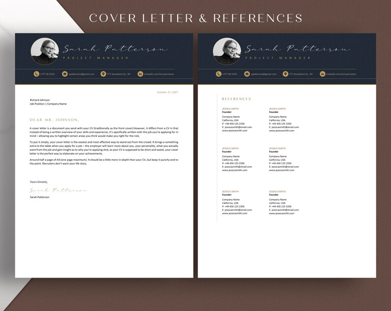 May include: A black and white cover letter and references page with a gold border. The cover letter is addressed to Mr. Johnson and is signed by Sarah Patterson, Project Manager. The references page lists three references with their contact information.