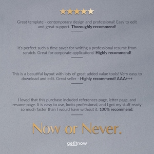 May include: A digital graphic with a gray background and gold text. The text includes phrases like "Great template" and "Now or Never." There are five gold stars at the top, and the website "getitnow" is at the bottom.
