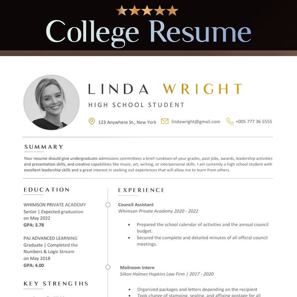 College Student Resume Template Microsoft Word & Google Docs, College Application,College Admission,Professional Cv for High School Students