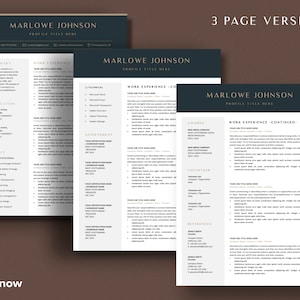 May include: A three-page resume template with a navy blue and white design. The resume includes sections for summary, education, skills, work experience, and references. The text "MARLOWE JOHNSON" and "PROFILE TITLE HERE" are displayed at the top. The bottom left corner has the text "getitnow".