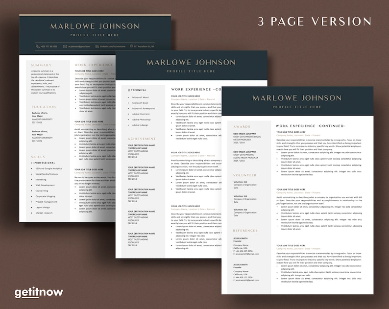 May include: A three-page resume template with a navy blue and white design. The resume includes sections for summary, education, skills, work experience, and references. The text "MARLOWE JOHNSON" and "PROFILE TITLE HERE" are displayed at the top. The bottom left corner has the text "getitnow".