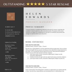 Op de afbeelding: Een zwart-witte cv-sjabloon met een gouden accent. De cv is voor een projectmanager genaamd Helen Edwards. De cv bevat contactgegevens, opleiding, werkervaring en vaardigheden.