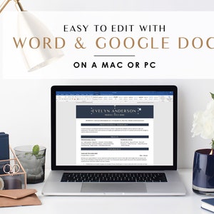 May include: A laptop computer displaying a resume template on the screen. The resume template is titled "Evelyn Anderson" and is easy to edit with Word and Google Docs on a Mac or PC.