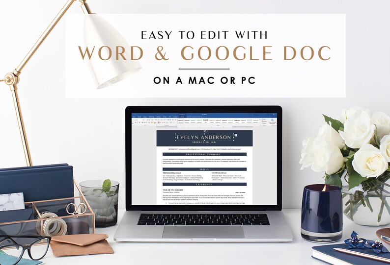 May include: A laptop computer displaying a resume template on the screen. The resume template is titled "Evelyn Anderson" and is easy to edit with Word and Google Docs on a Mac or PC.