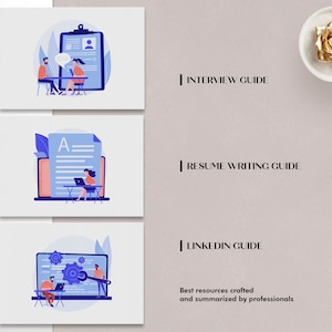 May include: Illustration of three guides for job seekers: Interview Guide, Resume Writing Guide, and LinkedIn Guide. The guides are represented by colorful icons with people interacting with documents and computers.