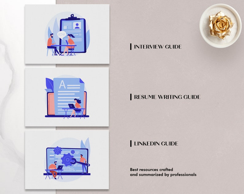 May include: Illustration of three guides for job seekers: Interview Guide, Resume Writing Guide, and LinkedIn Guide. The guides are represented by colorful icons with people interacting with documents and computers.