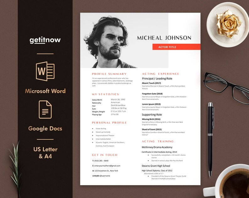 professional-actor-resume-template-google-docs-word-actors-etsy