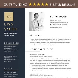 May include: A black and gold resume template with a professional headshot of a woman. The resume includes sections for education, work experience, skills, and contact information. The text "OUTSTANDING 5 STAR RESUME" is at the top of the page.