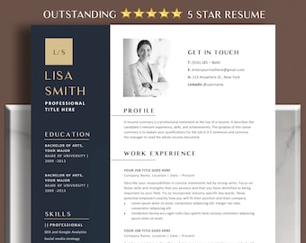 May include: A black and gold resume template with a professional headshot of a woman. The resume includes sections for education, work experience, skills, and contact information. The text "OUTSTANDING 5 STAR RESUME" is at the top of the page.