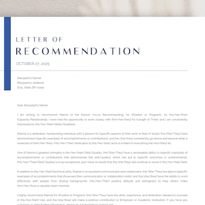 Modelo de carta de referência pessoal Word e Apple Pages, carta de indicação de trabalho profissional, carta de recomendação, carta de referência