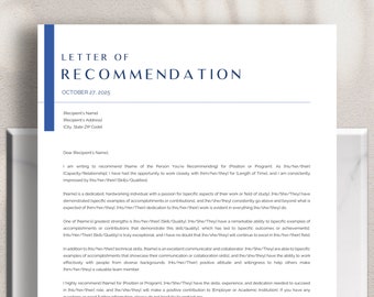 May include: A letter of recommendation template with the title "Letter of Recommendation" and the date "October 27, 2025". The letter is addressed to a recipient and includes a section for the name of the person being recommended, their position or program, and the length of time the recommender has known them.