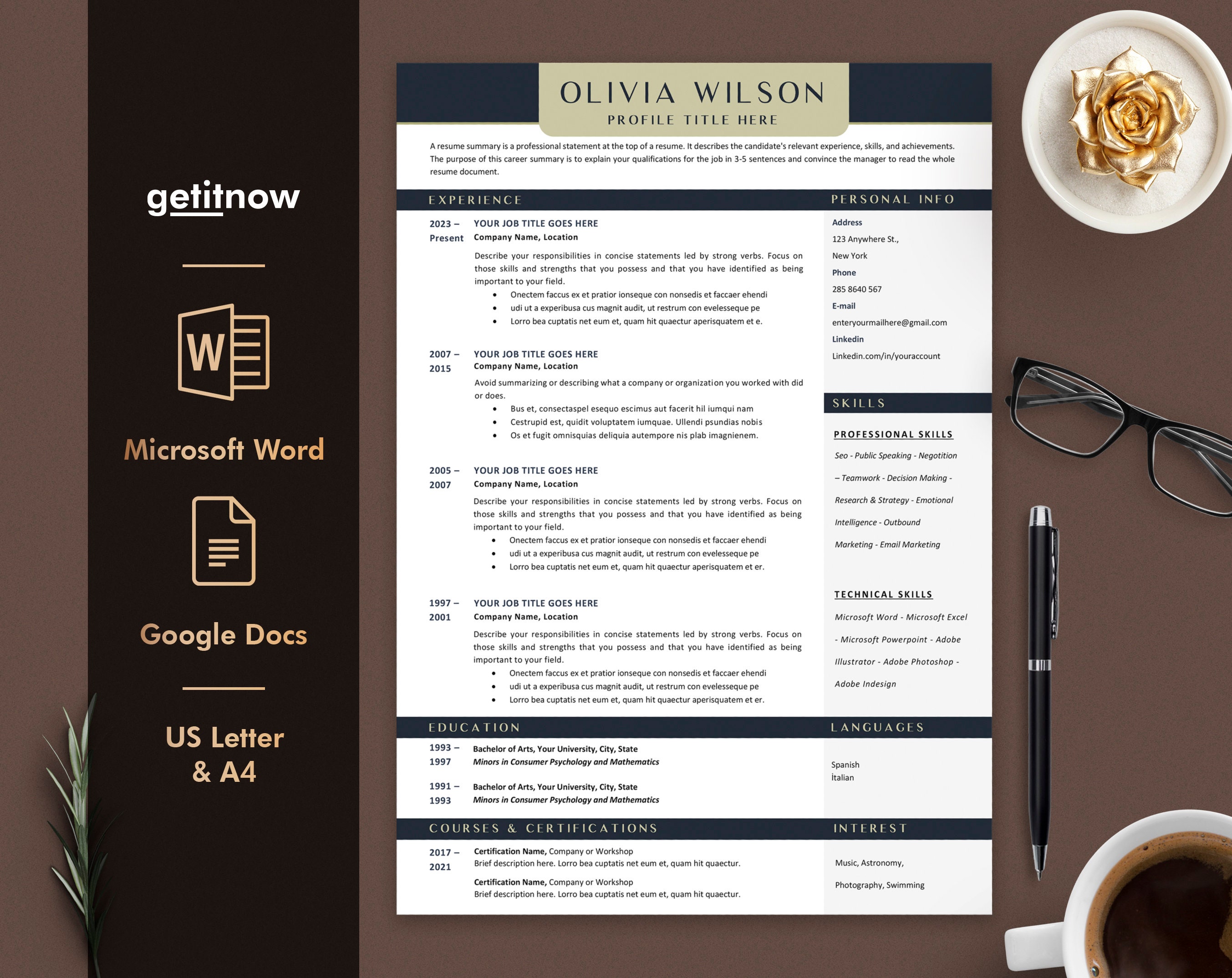 ATS Friendly Resume Template for Word and Docs, Minimal Resume Format ...
