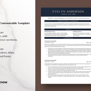 May include: A black and white resume template with the name Evelyn Anderson and the title "Profile Title Here". The template includes sections for a professional summary, skills, and experience. The template is fully customizable and can be edited to include colors, titles, text, and fonts.
