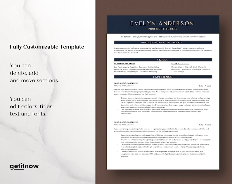 May include: A black and white resume template with the name Evelyn Anderson and the title "Profile Title Here". The template includes sections for a professional summary, skills, and experience. The template is fully customizable and can be edited to include colors, titles, text, and fonts.