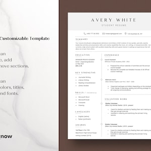 May include: A black and white resume template with the name Avery White at the top. The resume includes sections for summary, education, key strengths, skills, languages, awards, experience, and volunteer work. The resume is fully customizable.