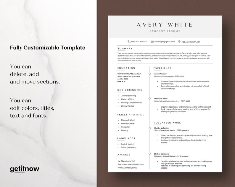 May include: A black and white resume template with the name Avery White at the top. The resume includes sections for summary, education, key strengths, skills, languages, awards, experience, and volunteer work. The resume is fully customizable.