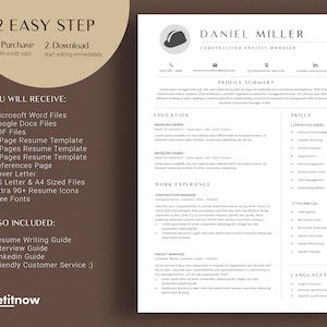May include: A resume template for construction project managers. The template includes a profile summary, education, work experience, skills, and languages. The template is available for download in Microsoft Word, Google Docs, and PDF formats.