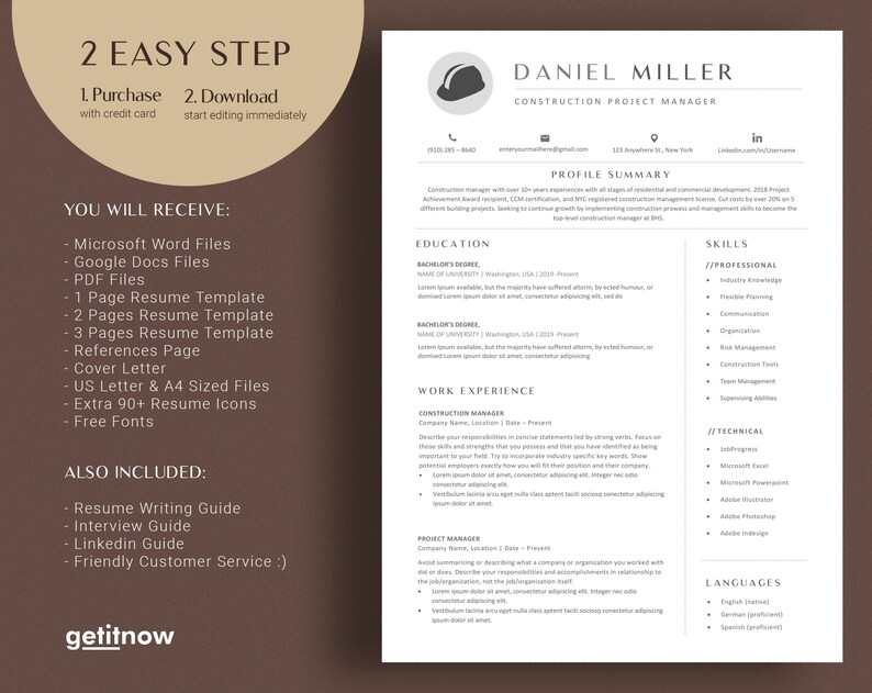 May include: A resume template for construction project managers. The template includes a profile summary, education, work experience, skills, and languages. The template is available for download in Microsoft Word, Google Docs, and PDF formats.