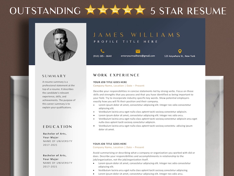 May include: A dark blue resume template with a gold star rating, a headshot of a man, and the text "OUTSTANDING 5 STAR RESUME". The resume includes sections for "Summary", "Work Experience", "Education", and "Your Job Title Goes Here".