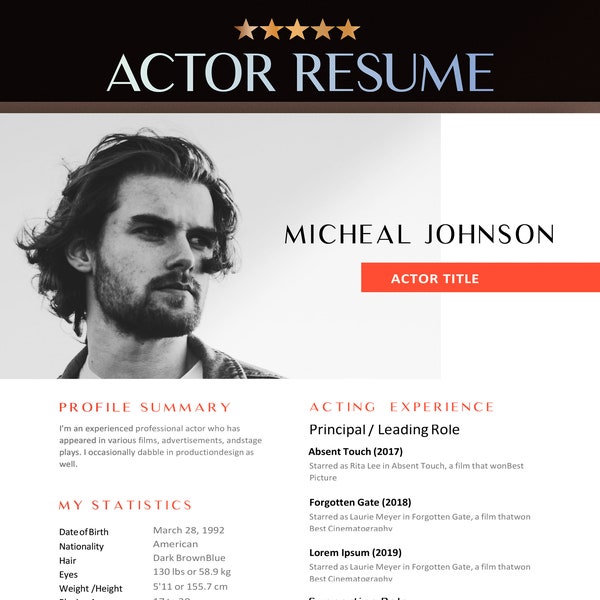 Professional Actor Resume Template Google Docs & Word, Actors Resume, Acting Resume for 2023, Beginner Child Actor, New Model Actor Cv