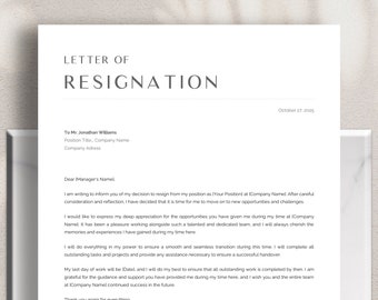 Professional Resignation Letter Template, Microsoft Word & Apple Pages, Notice Letter, Resign Letter, Letter of Resignation Template