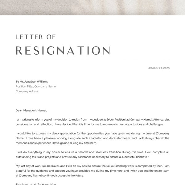 Professional Resignation Letter Template, Microsoft Word & Apple Pages, Notice Letter, Resign Letter, Letter of Resignation Template