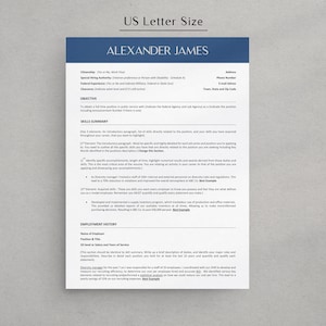 May include: A resume template with the title "Alexander James" at the top. The resume includes sections for "Objective", "Skills Summary", and "Employment History".