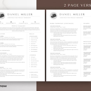 May include: A two-page resume template for a construction project manager named Daniel Miller. The resume includes sections for education, work experience, skills, awards, and professional development. The template is designed in a modern and minimalist style with a gray and white color scheme.