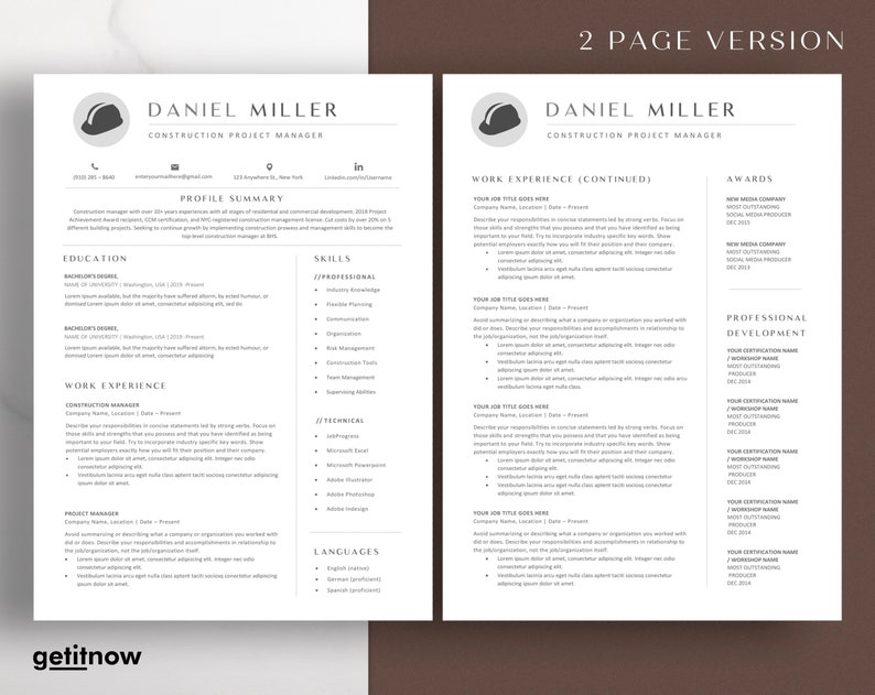 May include: A two-page resume template for a construction project manager named Daniel Miller. The resume includes sections for education, work experience, skills, awards, and professional development. The template is designed in a modern and minimalist style with a gray and white color scheme.