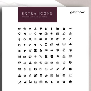May include: A black and white image of a collection of 64 icons. The icons represent various social media platforms, technology, and business concepts. The text "EXTRA ICONS" and "IF YOU NEED ANOTHER ONE, JUST TEXT US!" is at the top of the image. The text "getitnow" is at the top right of the image.