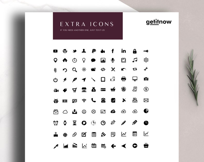 May include: A black and white image of a collection of 64 icons. The icons represent various social media platforms, technology, and business concepts. The text "EXTRA ICONS" and "IF YOU NEED ANOTHER ONE, JUST TEXT US!" is at the top of the image. The text "getitnow" is at the top right of the image.