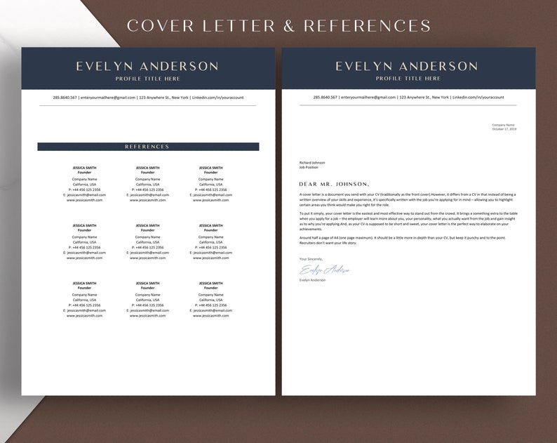 May include: A black and white cover letter template with the text "COVER LETTER & REFERENCES" at the top. The template includes a section for references and a cover letter with the text "DEAR MR. JOHNSON" at the top.