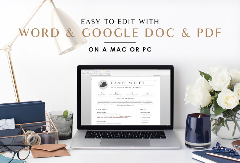 May include: A laptop computer displaying a resume template for a construction project manager. The resume is titled "Daniel Miller" and includes sections for "Profile Summary", "Education", and "Skills". The laptop is on a white desk with a lamp, a glass of water, a candle, and a bouquet of white roses.
