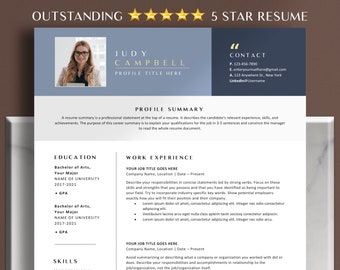 May include: A resume template with a blue and white colour scheme. The template features a profile picture, contact information, a profile summary, education, work experience, and skills sections. The text "OUTSTANDING 5 STAR RESUME" is at the top of the page.