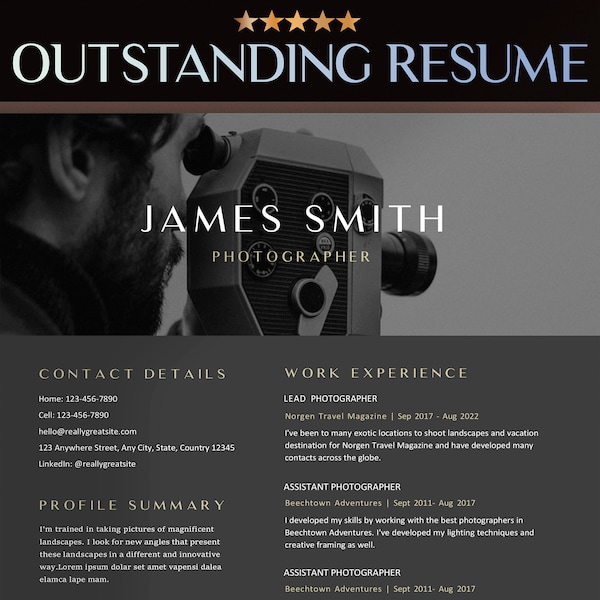 Professional Photographer Resume Template Word, Resume For Photographers, Freelance Photographer Resume, Photography Resume, Videographer Cv