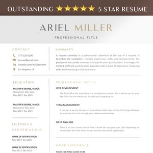 May include: A resume template with a gold border and a 5-star rating. The resume is for Ariel Miller, who is applying for a professional title. The resume includes sections for contact information, summary, education, professional skills, licenses and certifications, and work experience.