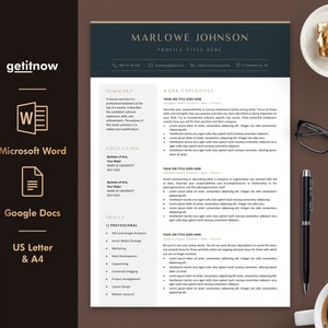 May include: A professional resume template with a dark teal header and a white body. The resume includes sections for summary, work experience, education, and skills. The image also shows a gold rose, glasses, a pen, and a cup of coffee.