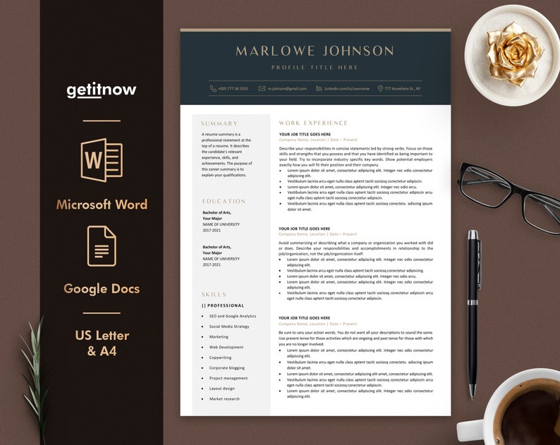 May include: A professional resume template with a dark teal header and a white body. The resume includes sections for summary, work experience, education, and skills. The image also shows a gold rose, glasses, a pen, and a cup of coffee.
