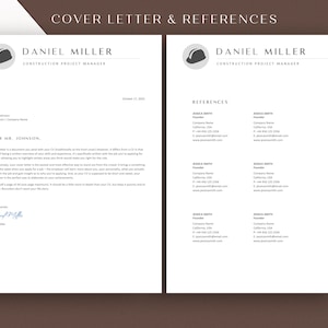 May include: A cover letter and references page for Daniel Miller, a construction project manager. The cover letter is addressed to Mr. Johnson and includes a brief introduction and explanation of the purpose of a cover letter. The references page lists the names, titles, and contact information for Jessica Smith, a founder.