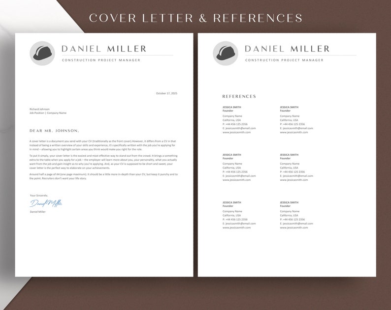 May include: A cover letter and references page for Daniel Miller, a construction project manager. The cover letter is addressed to Mr. Johnson and includes a brief introduction and explanation of the purpose of a cover letter. The references page lists the names, titles, and contact information for Jessica Smith, a founder.