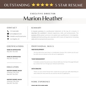 Puede incluir: Una plantilla de currículum en blanco y negro con el título "Outstanding 5 Star Resume" y el nombre "Marion Heather" como Directora Ejecutiva. El currículum incluye secciones para información de contacto, resumen, certificaciones, educación, habilidades profesionales y experiencia laboral.