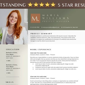 Könnte beinhalten: Eine grüne und weiße Lebenslaufvorlage mit einem Foto einer Frau mit roten Haaren. Der Lebenslauf ist für Maria Williams, Projektmanagerin. Er enthält Abschnitte für Ausbildung, Berufserfahrung und Fähigkeiten.