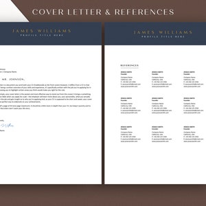May include: A black and white cover letter and references page with the name James Williams at the top. The cover letter is addressed to Mr. Johnson and the references page lists three references with the name Jessica Smith.