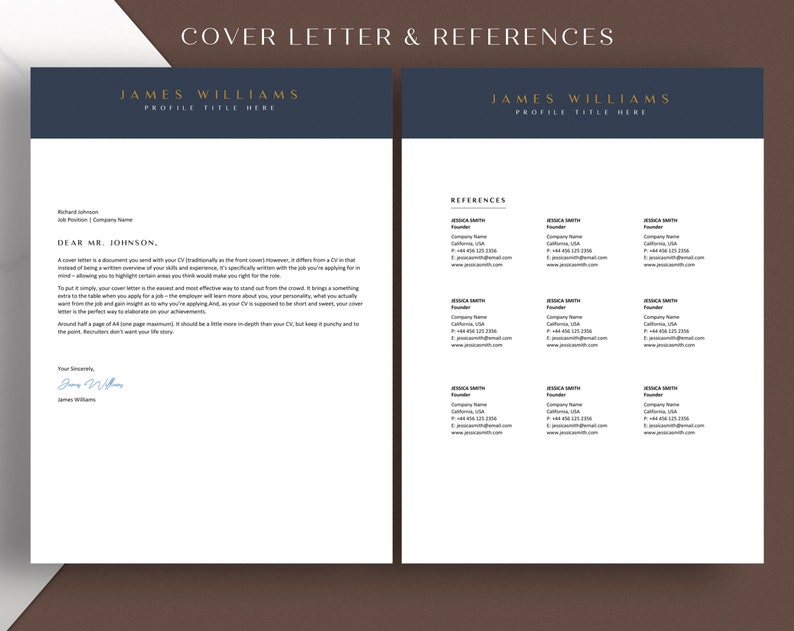 May include: A black and white cover letter and references page with the name James Williams at the top. The cover letter is addressed to Mr. Johnson and the references page lists three references with the name Jessica Smith.