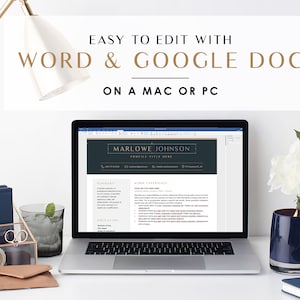 May include: A laptop displaying a resume template with the text "EASY TO EDIT WITH WORD & GOOGLE DOC ON A MAC OR PC." The scene includes a gold desk lamp, a bouquet of white roses, and office supplies.