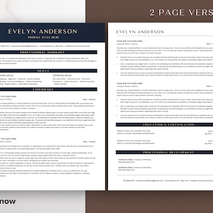 May include: A two-page resume template with a dark blue and gold color scheme. The resume includes sections for professional summary, skills, experience, education and certification, and professional development. The text "2 PAGE VERSION" is at the top of the second page.